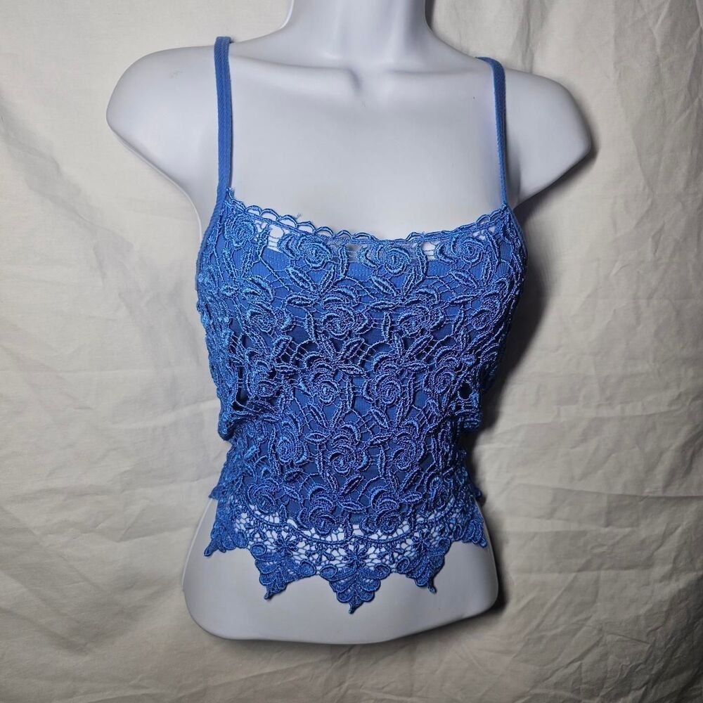 Vintage y2k 90s crochet blue whimsigoth tank top - Picture 1 of 4